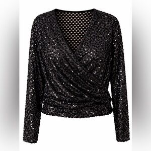 Black Sequin Loose Crochet Wrap-Front Women’s Top